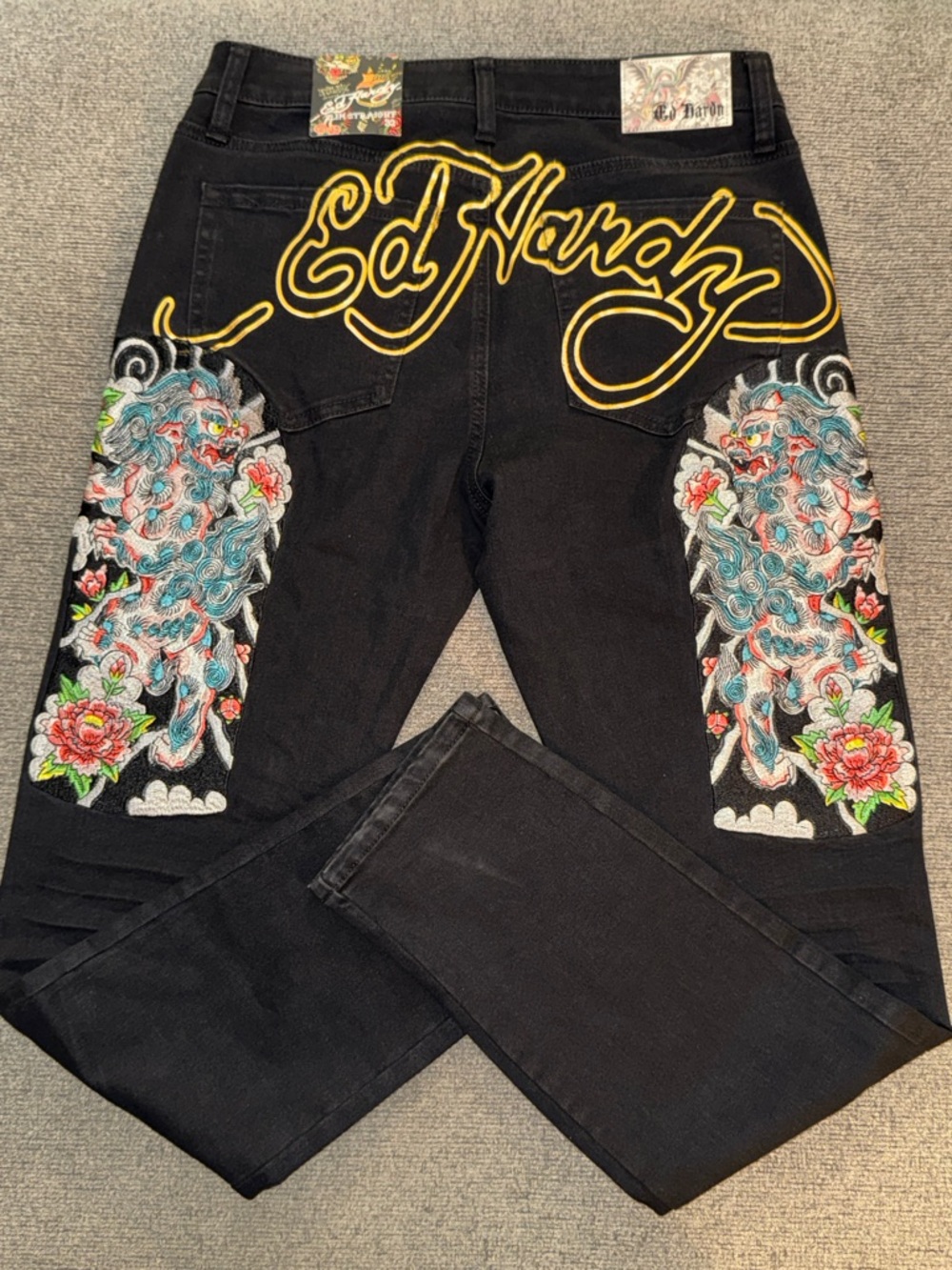 Ed Hardy Black Slim Straight Jeans with Floral Side Embroidery